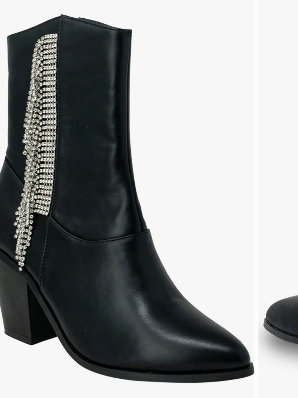 Chase + Chloe Black Mid-Calf Heeled Boots with Rhinestone Fringe